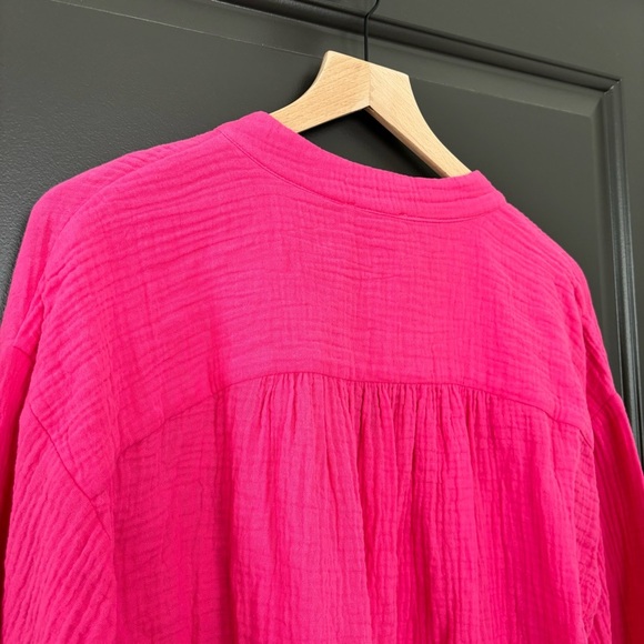 Evereve Eleanor Smocked Gauze Top 100% Cotton Bright Pink Tie V-Neck Blouse S - Picture 9 of 10